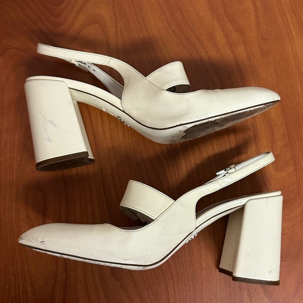 Prada Off White Patent Leather Mary Jane Slingback Block Heel Pumps Size 37.5 - Picture 7 of 16